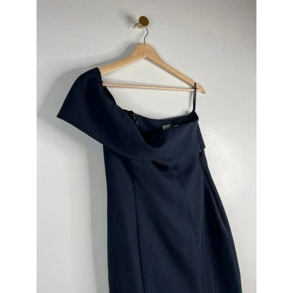 Eliza J Off The Shoulder Scuba Crepe Cocktail Dress Front Slit Navy Size: 6 NWOT - Picture 3 of 9
